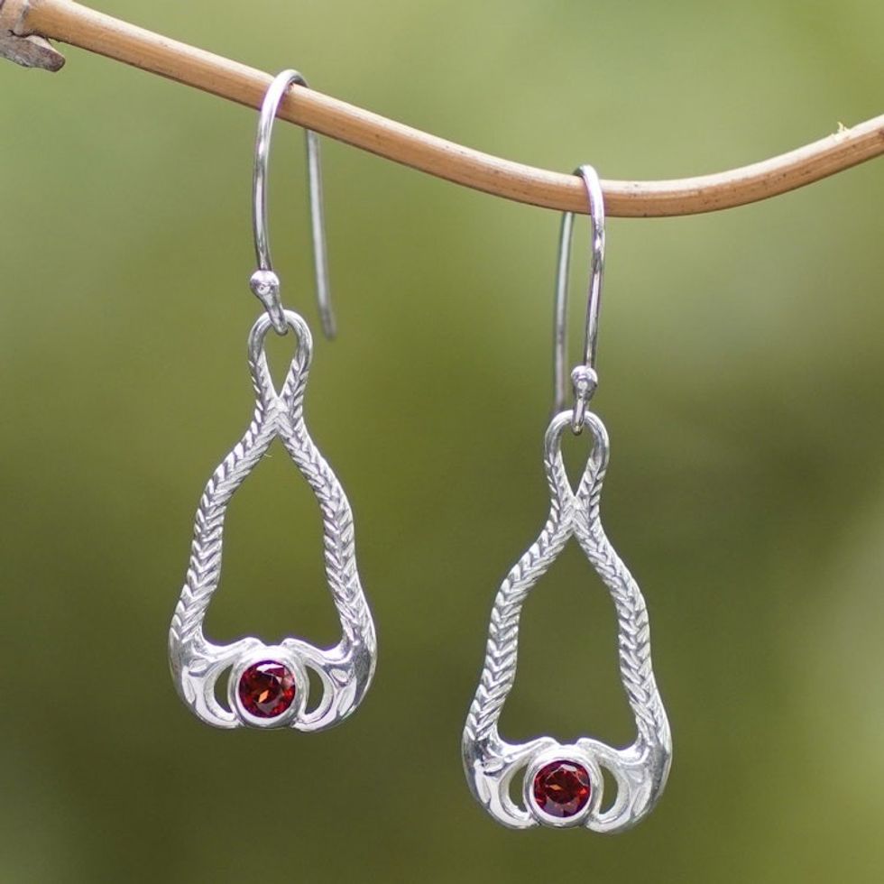 Garnet and Sterling Silver Snake Dangle Earrings from Bali 'Serpentine Talismans'
