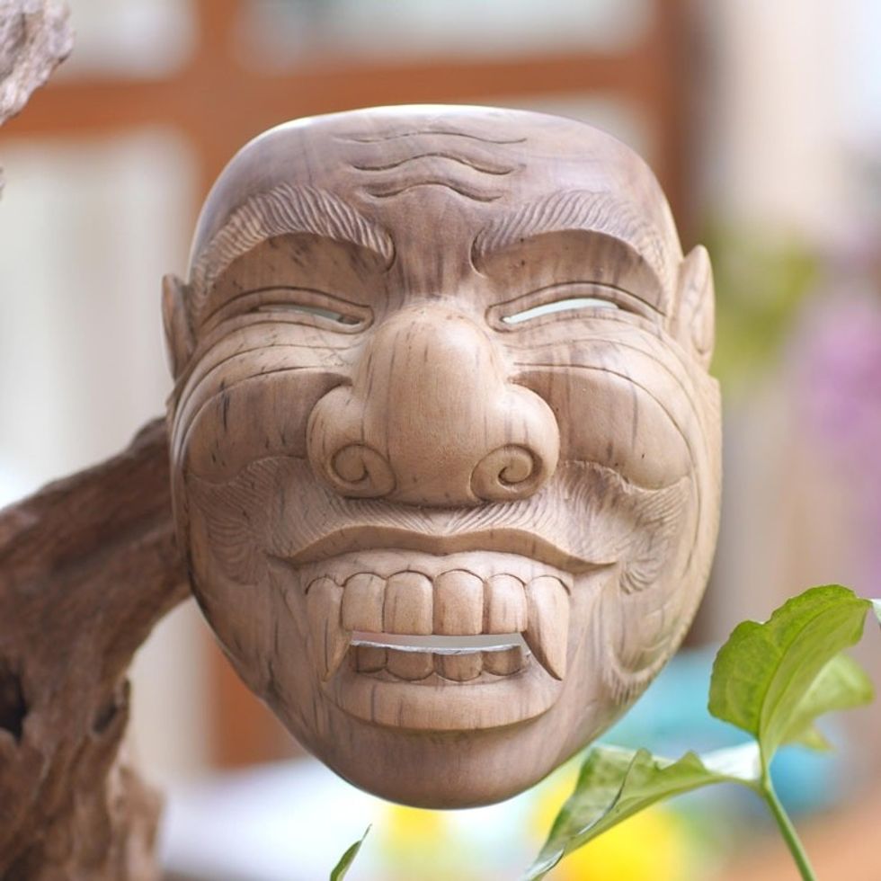 Handcrafted Hibiscus Wood Cultural Mask from Bali 'Sidakarya'