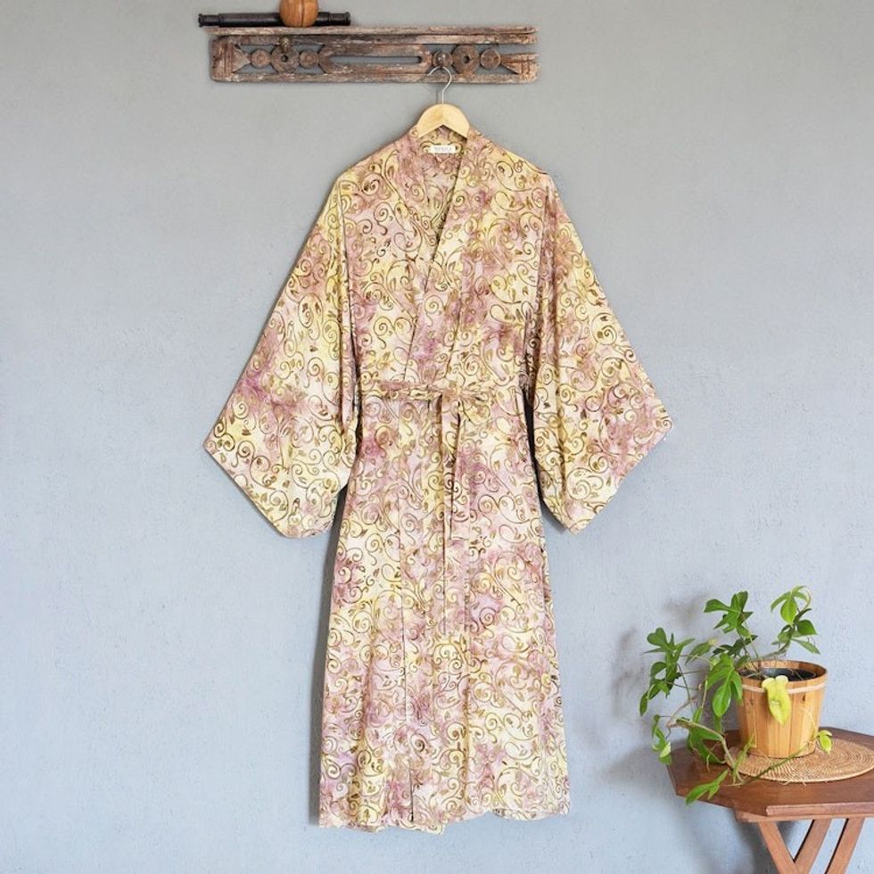 Rayon Robe Olive Floral Batik Print from Indonesia 'Grand Floral'