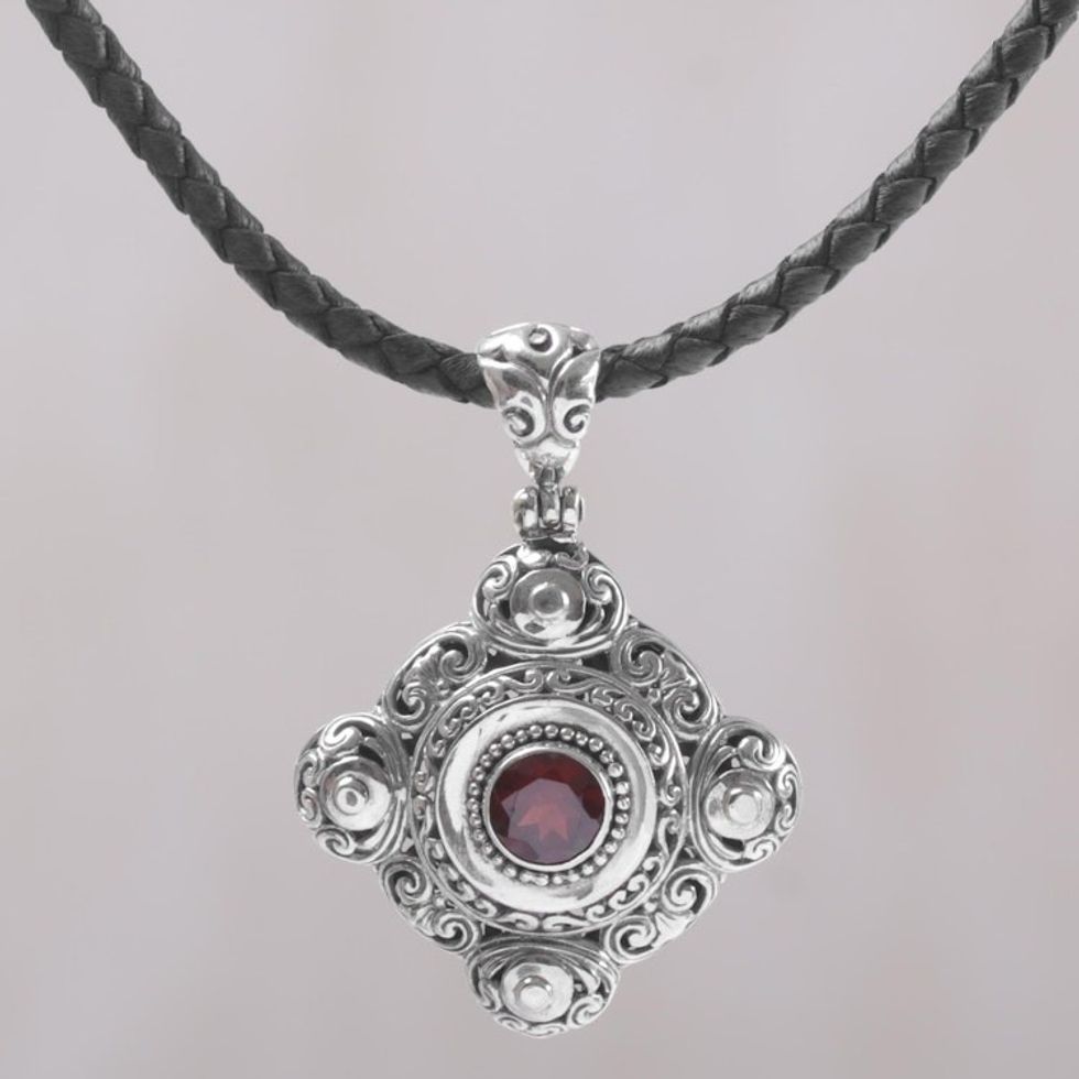 Garnet and 925 Sterling Silver Pendant Necklace from Bali 'Candi Flower'
