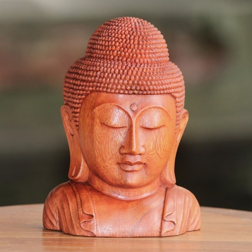 Hand Crafted Balinese Suar Wood Buddha Head Statuette 'Divine Buddha'