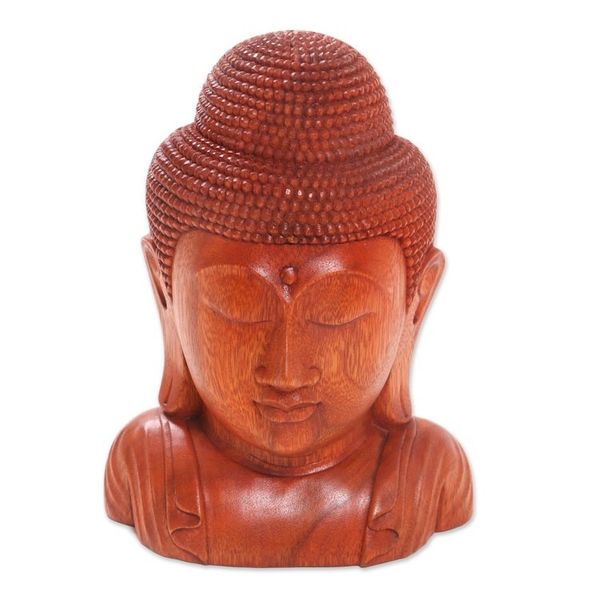 Alternate image for Hand Crafted Balinese Suar Wood Buddha Head Statuette Divine Buddha