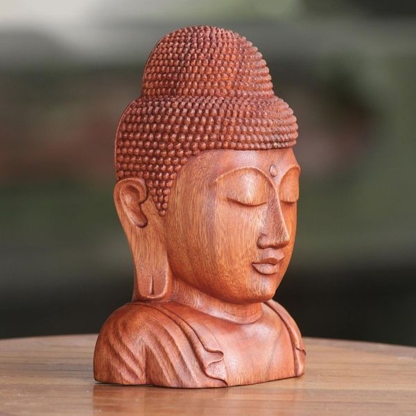 Alternate image for Hand Crafted Balinese Suar Wood Buddha Head Statuette Divine Buddha