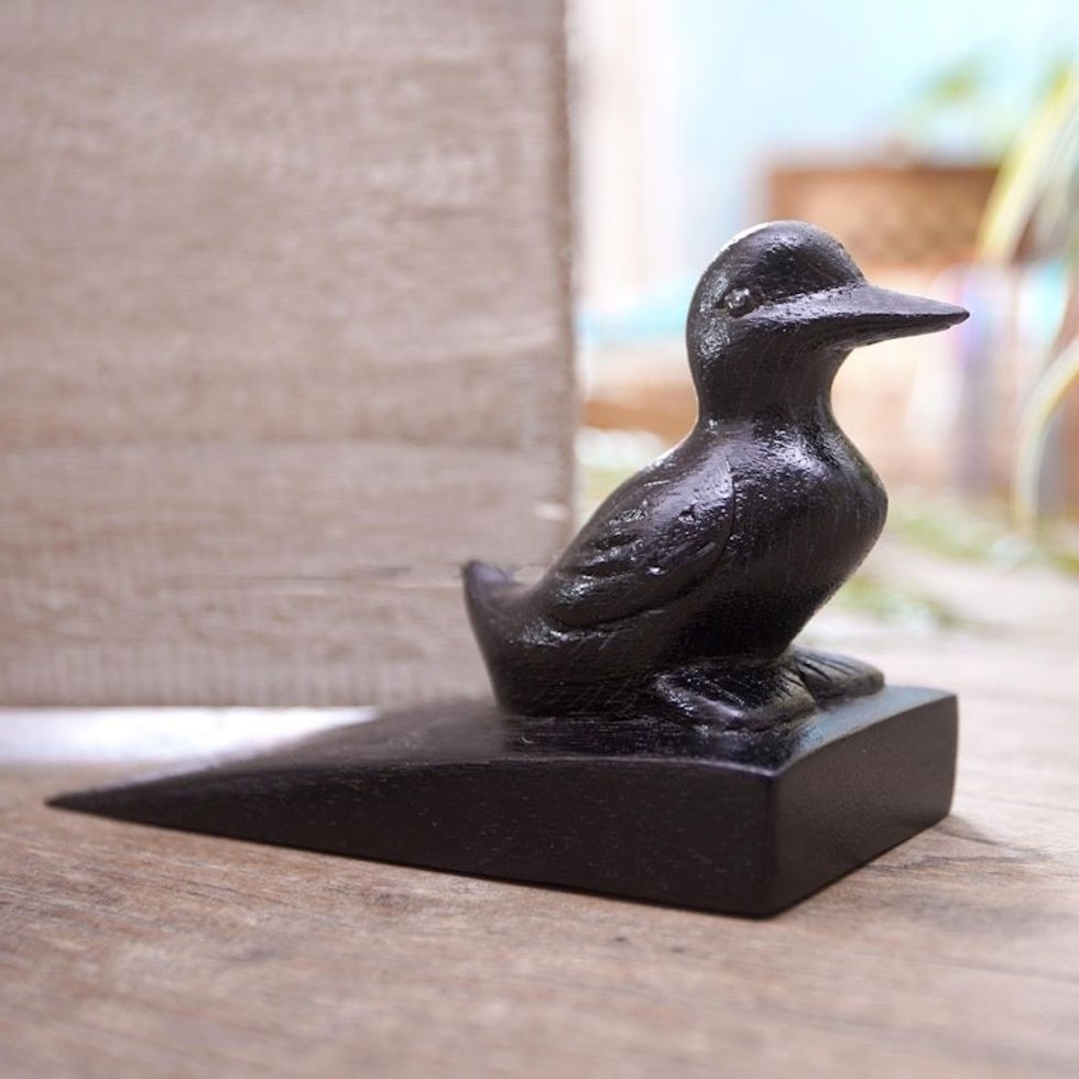 Handcrafted Suar Wood Duck Doorstop in Black from Bali 'Helpful Duck in Black'