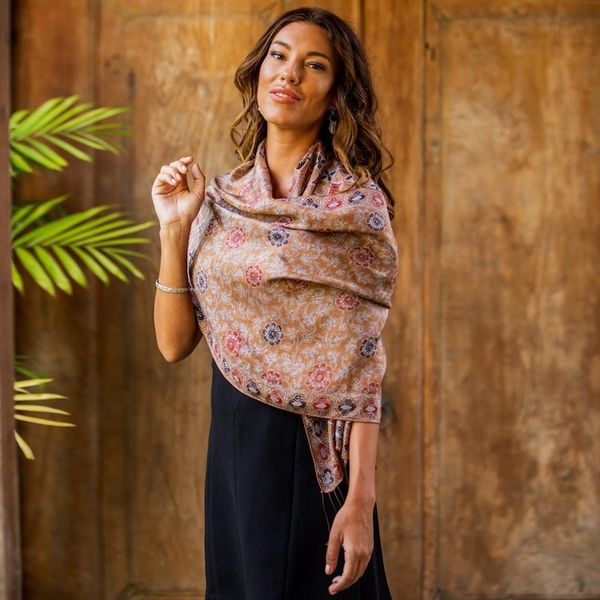 Alternate image for Batik Silk Shawl with Spice Floral Motifs from Bali Truntum Forest in Spice