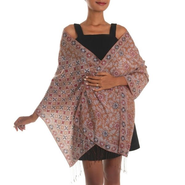 Alternate image for Batik Silk Shawl with Spice Floral Motifs from Bali Truntum Forest in Spice