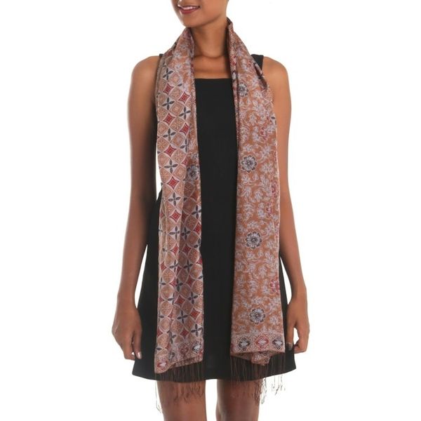 Alternate image for Batik Silk Shawl with Spice Floral Motifs from Bali Truntum Forest in Spice