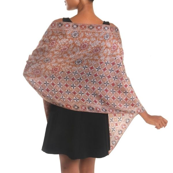 Alternate image for Batik Silk Shawl with Spice Floral Motifs from Bali Truntum Forest in Spice