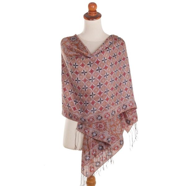 Alternate image for Batik Silk Shawl with Spice Floral Motifs from Bali Truntum Forest in Spice