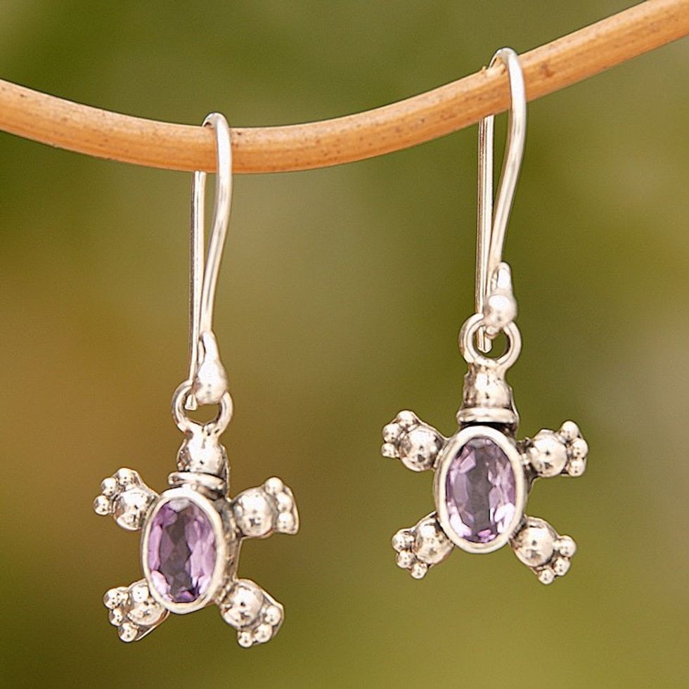 Sterling Silver Amethyst Petite Turtle Earrings From Bali 'Walking Tortoise'
