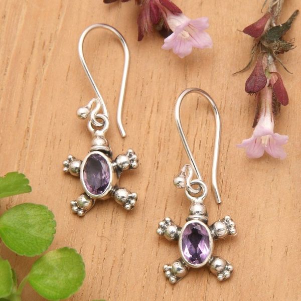 Alternate image for Sterling Silver Amethyst Petite Turtle Earrings From Bali Walking Tortoise