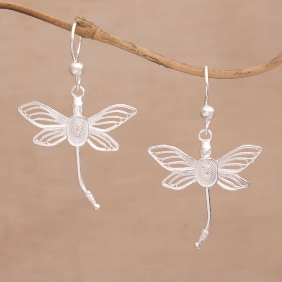 Dragonfly Silver Filigree Dangle Earrings from Bali 'Lively Dragonflies'