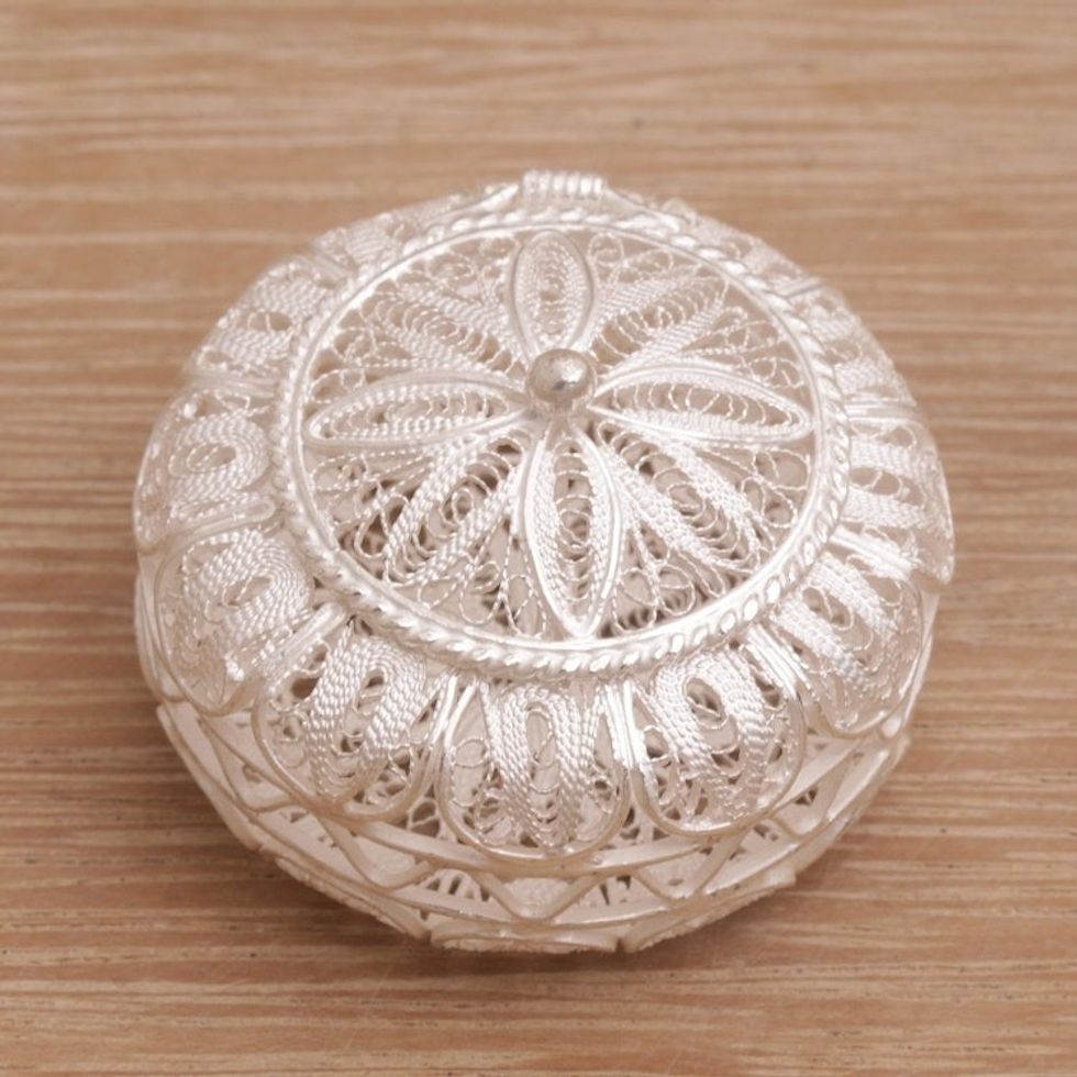 Circular Sterling Silver Filigree Decorative Box from Bali 'Beautiful Keep'