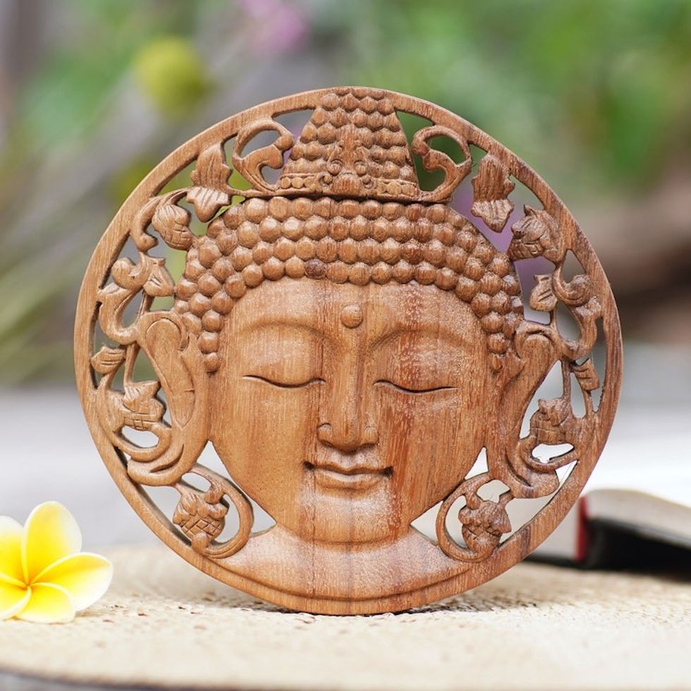 Handcrafted Suar Wood Buddha Relief Panel from Bali 'Berry Buddha'