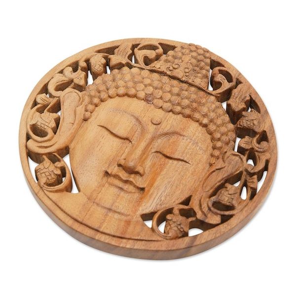 Alternate image for Handcrafted Suar Wood Buddha Relief Panel from Bali Berry Buddha