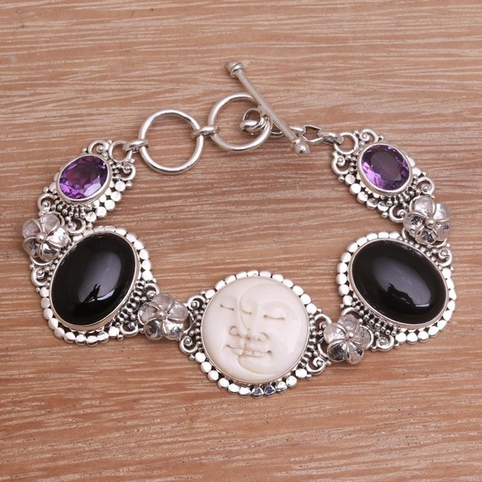 Handcrafted Sterling Silver Onyx Amethyst Bone Bracelet 'Midnight Duo'