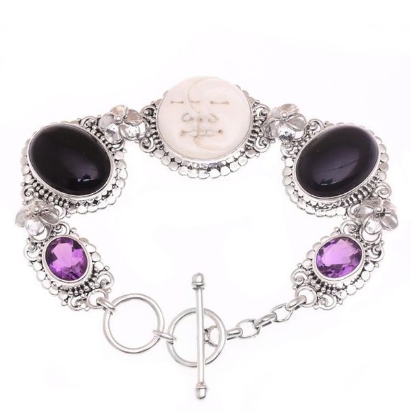 Alternate image for Handcrafted Sterling Silver Onyx Amethyst Bone Bracelet Midnight Duo