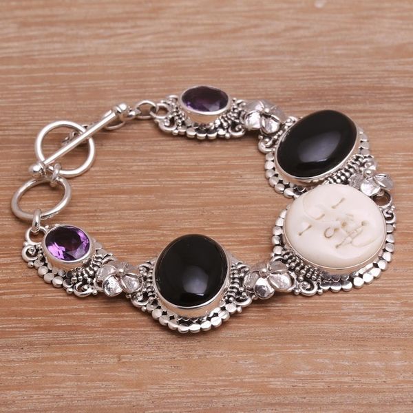 Alternate image for Handcrafted Sterling Silver Onyx Amethyst Bone Bracelet Midnight Duo
