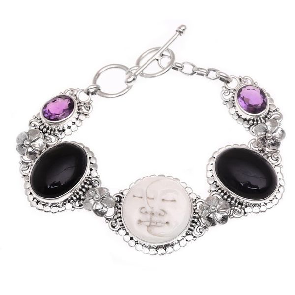 Alternate image for Handcrafted Sterling Silver Onyx Amethyst Bone Bracelet Midnight Duo