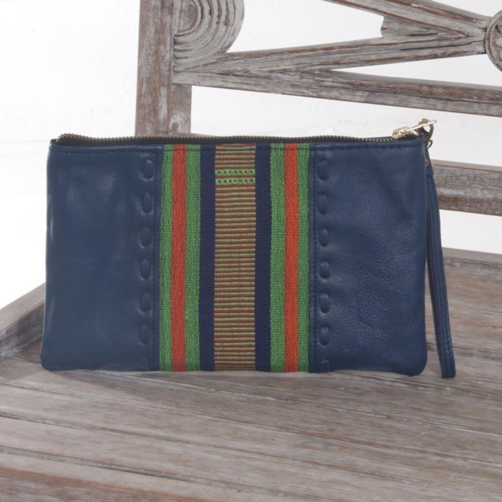 Handmade Blue Leather and Cotton Wristlet Handbag from Java 'Casual Ikat in Blue'