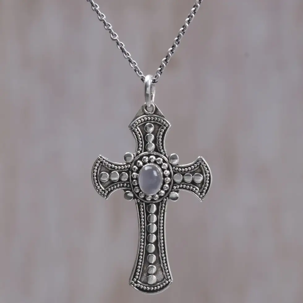 Moonstone and Sterling Silver Cross Necklace from Bali 'Purity Cross'