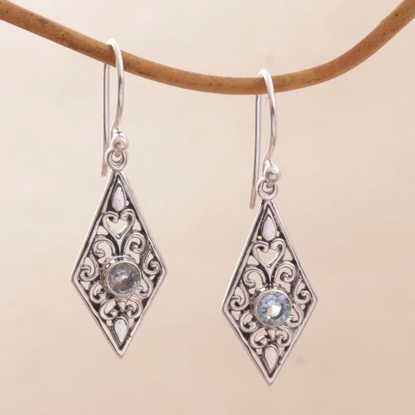 Alternate image for Handmade Sterling Silver and Blue Topaz Dangle Earrings Diamond Vines
