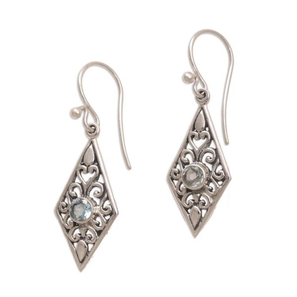 Alternate image for Handmade Sterling Silver and Blue Topaz Dangle Earrings Diamond Vines