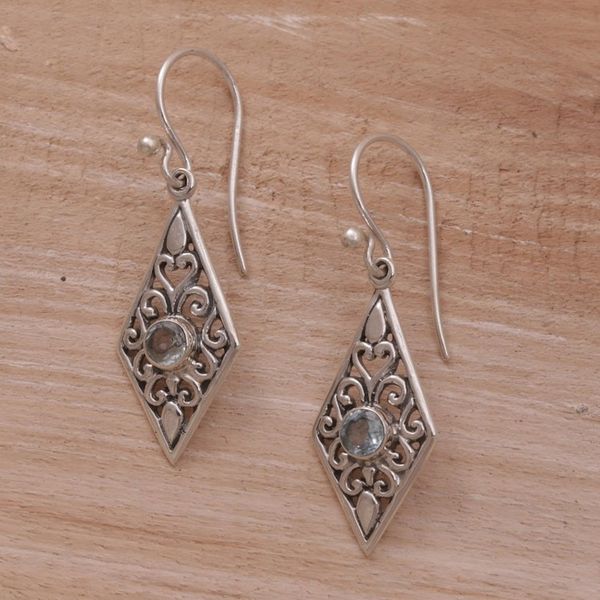 Alternate image for Handmade Sterling Silver and Blue Topaz Dangle Earrings Diamond Vines