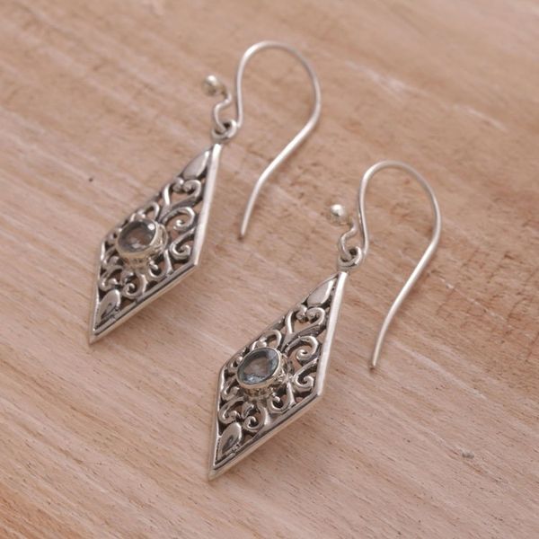 Alternate image for Handmade Sterling Silver and Blue Topaz Dangle Earrings Diamond Vines