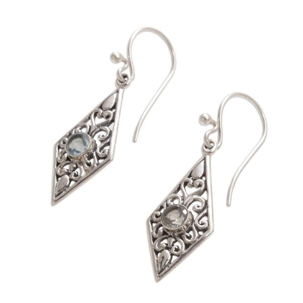 Alternate image for Handmade Sterling Silver and Blue Topaz Dangle Earrings Diamond Vines
