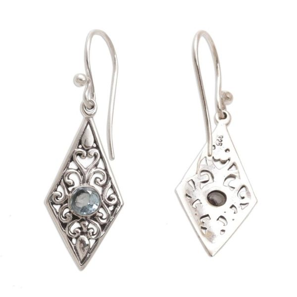 Alternate image for Handmade Sterling Silver and Blue Topaz Dangle Earrings Diamond Vines
