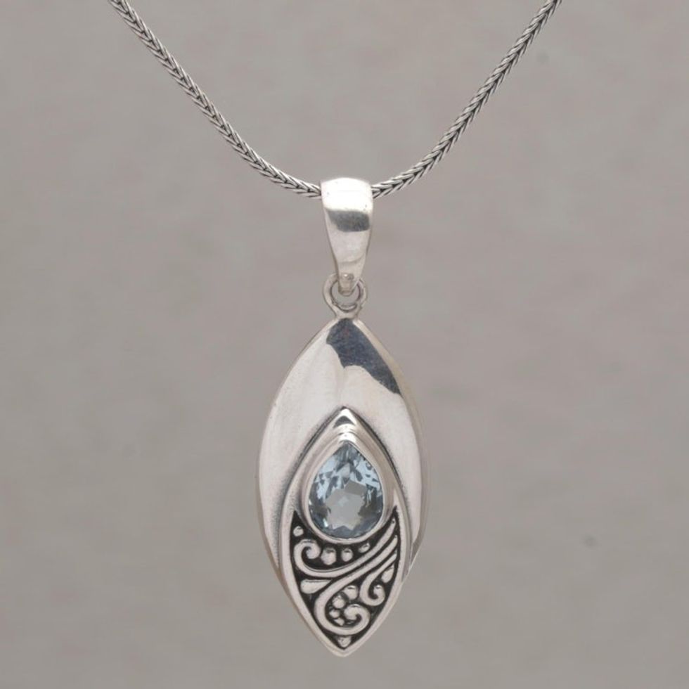 Sterling Silver Pendant Necklace with Blue Topaz 'I'll Be Seeing You'