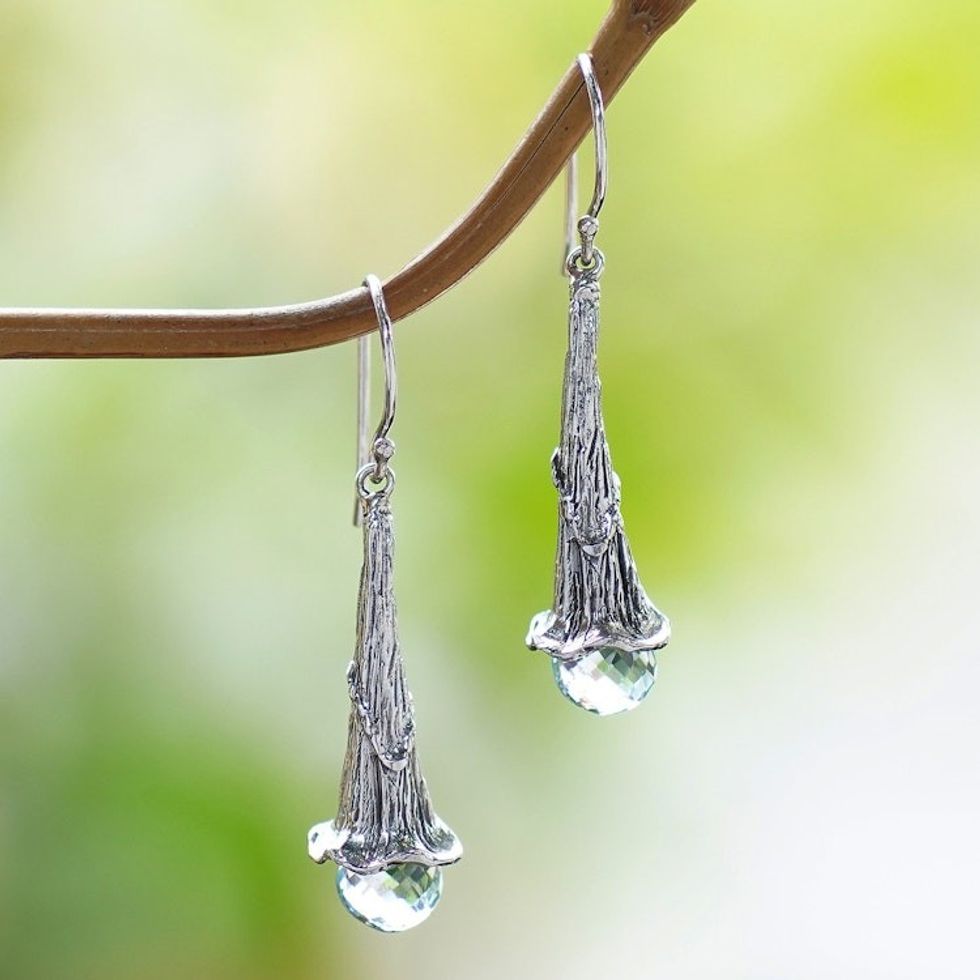 Blue Topaz and Sterling Silver Floral Earrings from Bali 'Petal Drops'