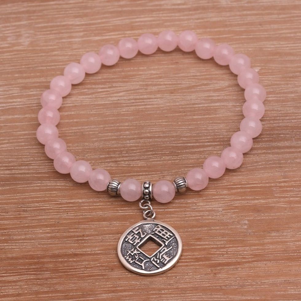 Rose Quartz Beaded Stretch Bracelet with Pis Bolong Coin 'Ancient Luck in Pink'