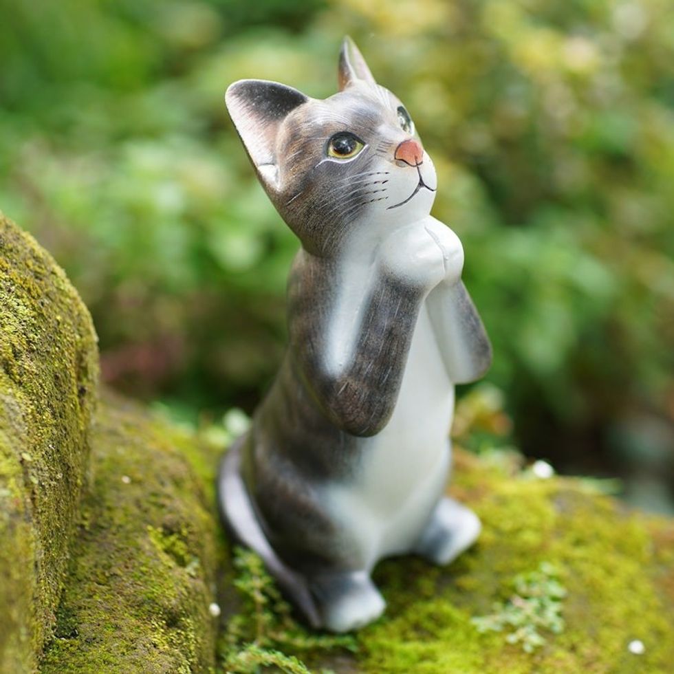 Painted Suar Wood Sculpture of a Wishful Grey Cat from Bali 'Grey Wishing Cat'
