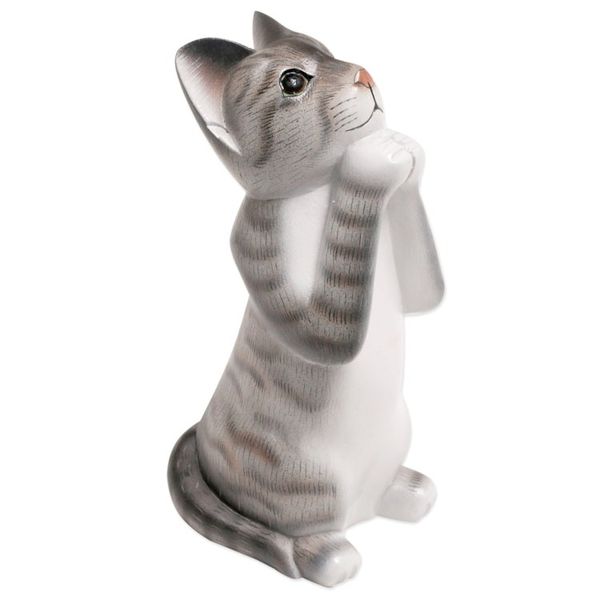 Alternate image for Painted Suar Wood Sculpture of a Wishful Grey Cat from Bali Grey Wishing Cat