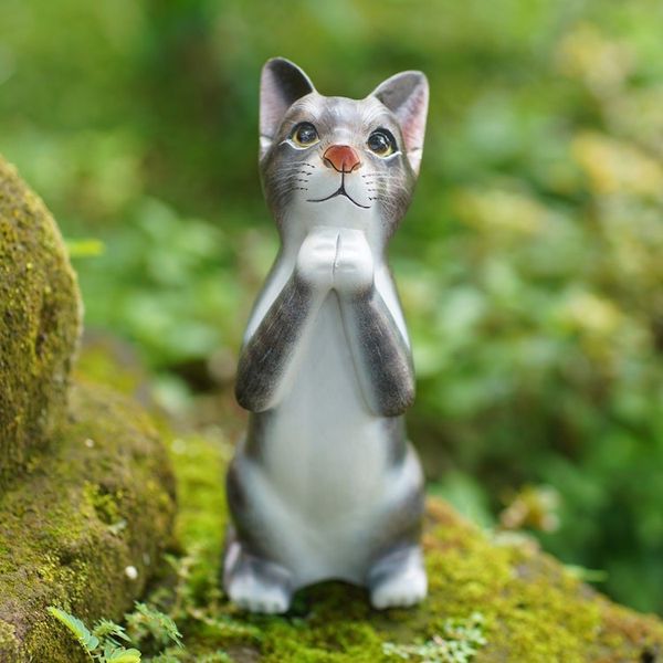 Alternate image for Painted Suar Wood Sculpture of a Wishful Grey Cat from Bali Grey Wishing Cat