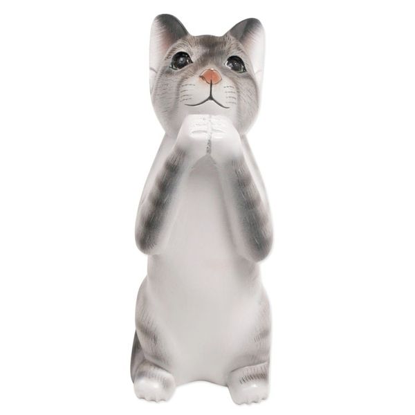 Alternate image for Painted Suar Wood Sculpture of a Wishful Grey Cat from Bali Grey Wishing Cat