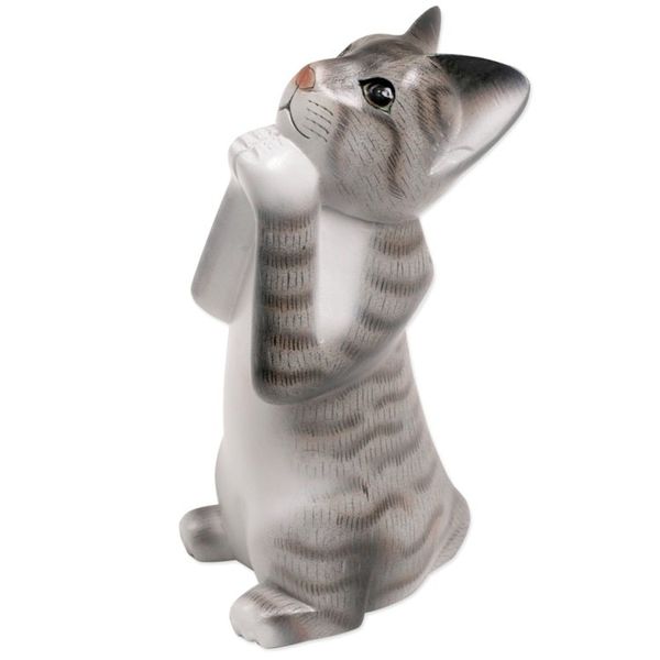 Alternate image for Painted Suar Wood Sculpture of a Wishful Grey Cat from Bali Grey Wishing Cat