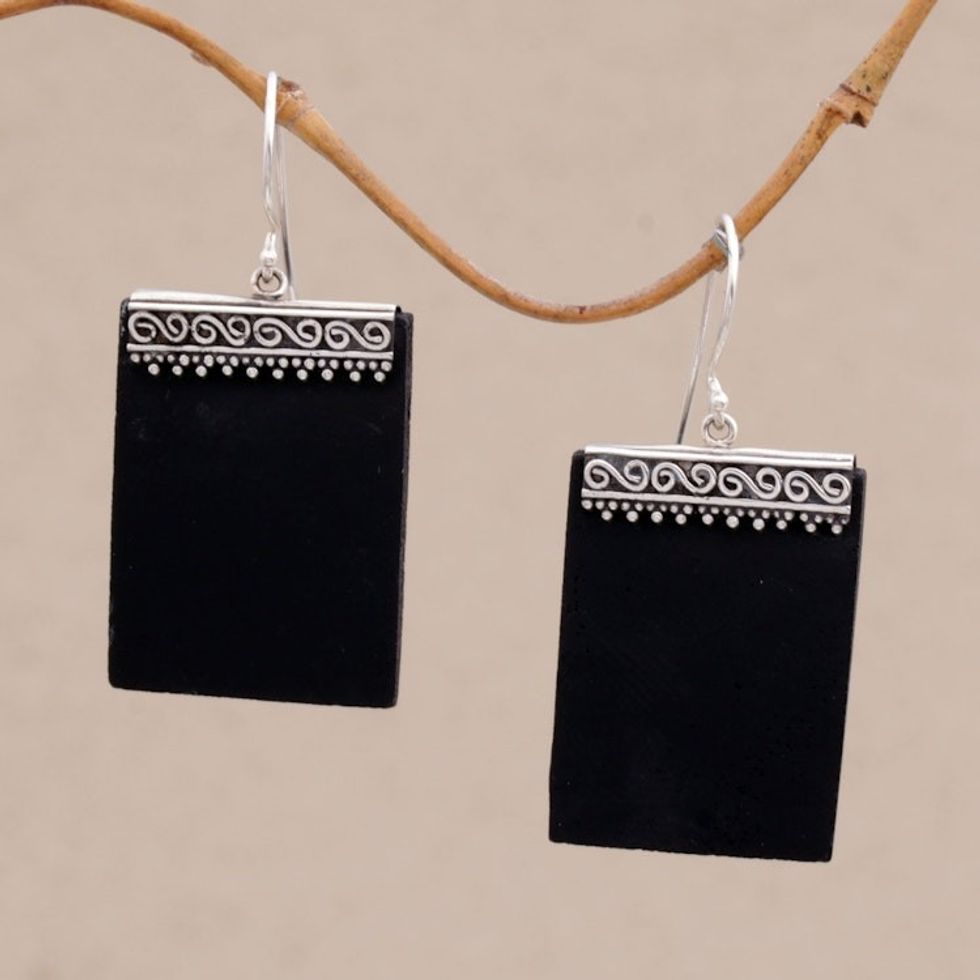 Sterling Silver and Lava Stone Rectangular Earrings 'Dotted Walls'