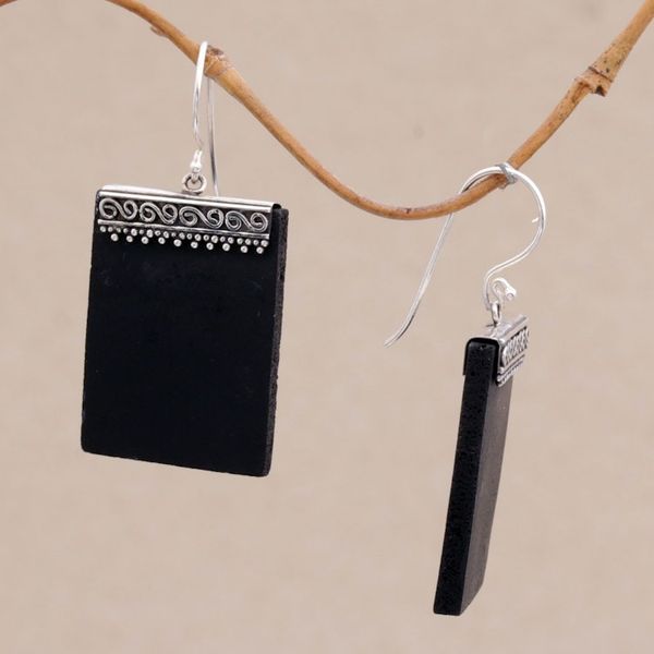 Alternate image for Sterling Silver and Lava Stone Rectangular Earrings Dotted Walls