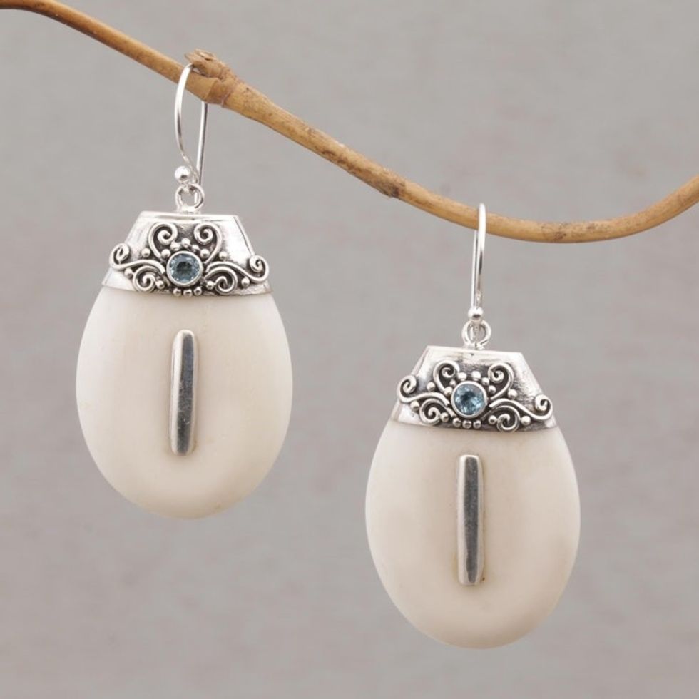 Sterling Silver and Blue Topaz Dangle Earrings with Bone 'Sacred Pebbles'