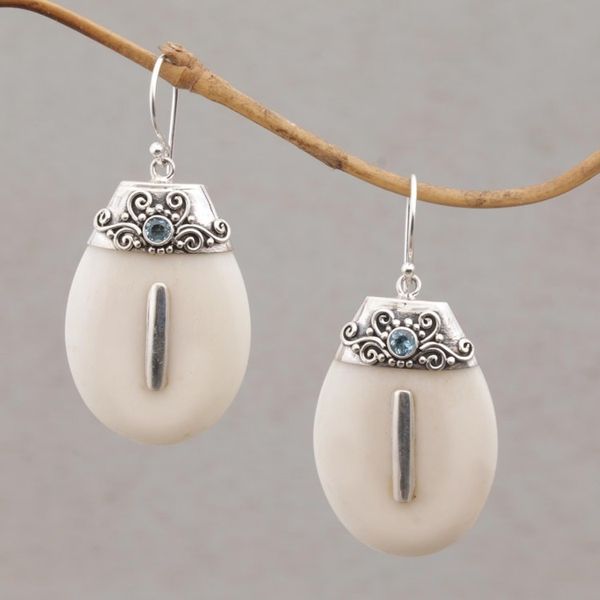 Alternate image for Sterling Silver and Blue Topaz Dangle Earrings with Bone Sacred Pebbles