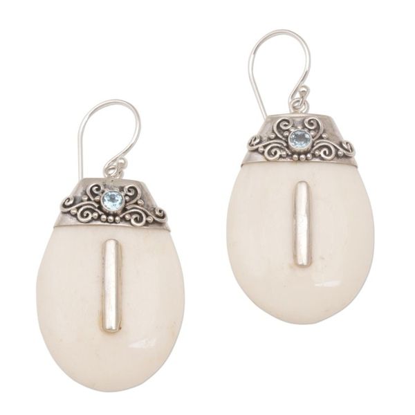 Alternate image for Sterling Silver and Blue Topaz Dangle Earrings with Bone Sacred Pebbles