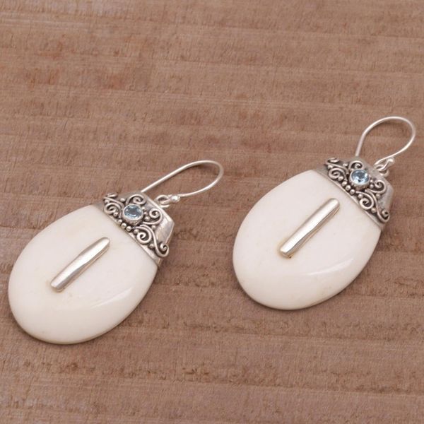 Alternate image for Sterling Silver and Blue Topaz Dangle Earrings with Bone Sacred Pebbles