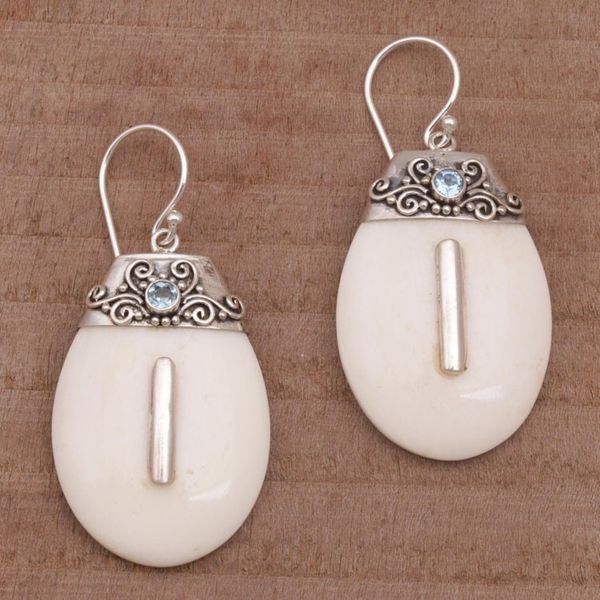 Alternate image for Sterling Silver and Blue Topaz Dangle Earrings with Bone Sacred Pebbles