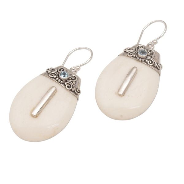 Alternate image for Sterling Silver and Blue Topaz Dangle Earrings with Bone Sacred Pebbles