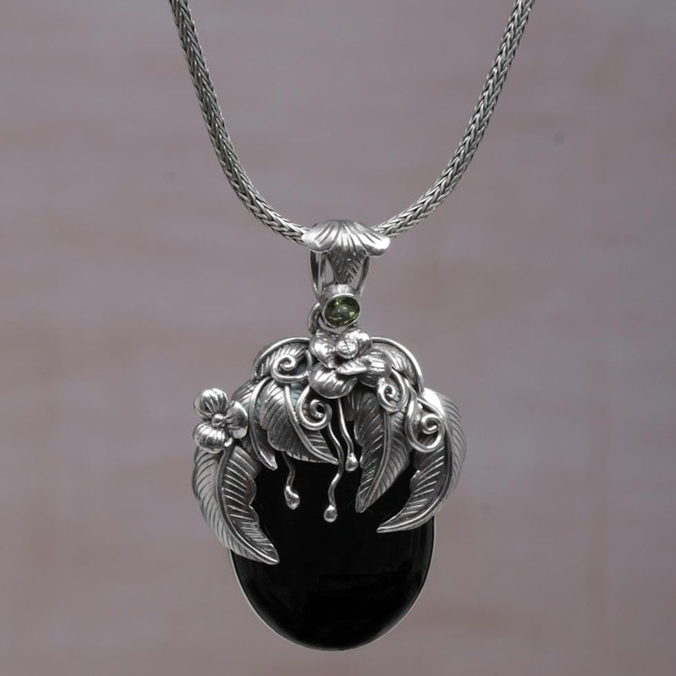 Handcrafted Balinese Onyx and Peridot Pendant Necklace 'Leaf Fairy'