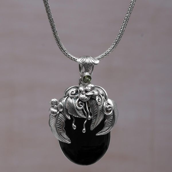 Alternate image for Handcrafted Balinese Onyx and Peridot Pendant Necklace Leaf Fairy