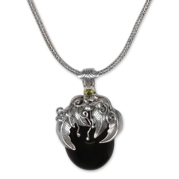 Alternate image for Handcrafted Balinese Onyx and Peridot Pendant Necklace Leaf Fairy